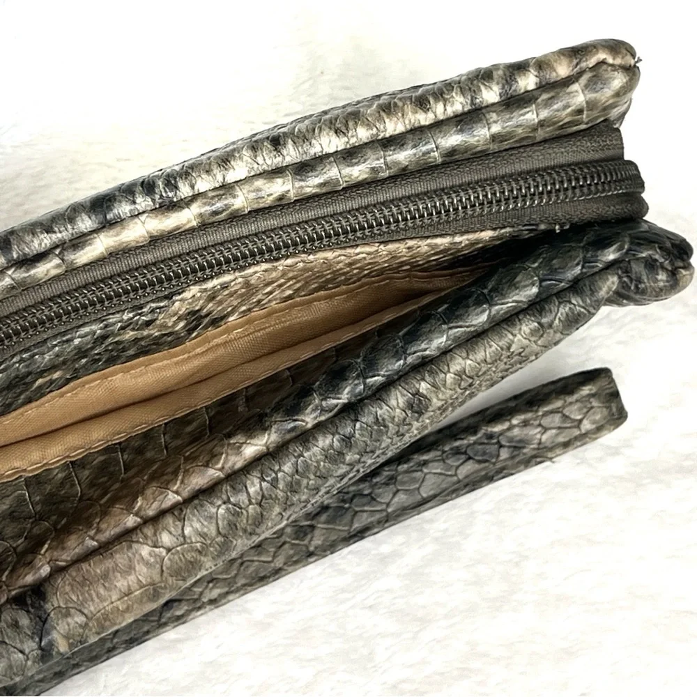 Nicole Miller Wristlet Faux Snakeskin Clutch Zippered Wallet Gold Black Brown